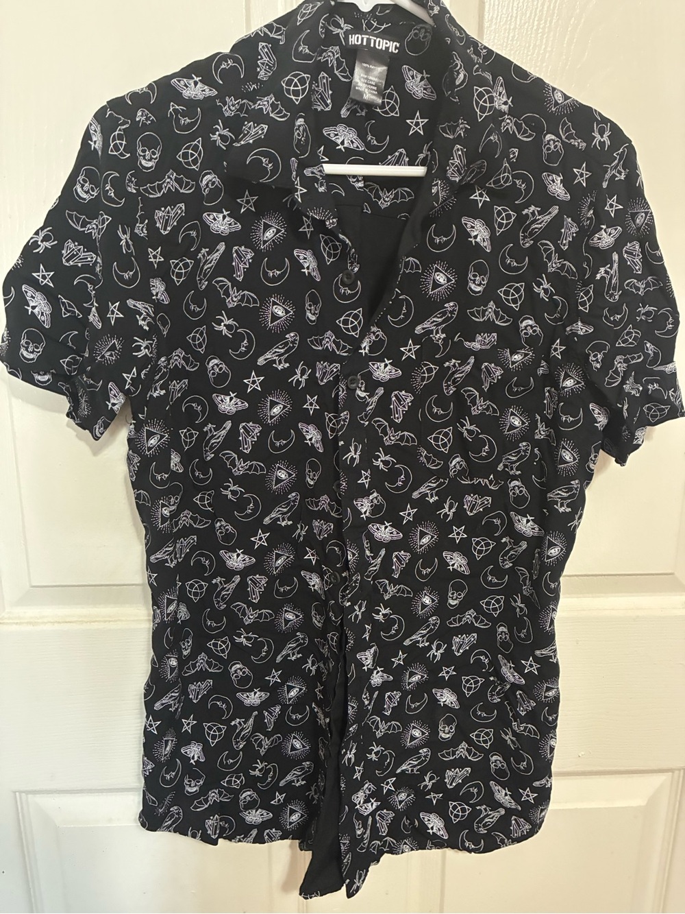 Hot Topic Black Short-Sleeve Button-Down Shirt with White Gothic Icons